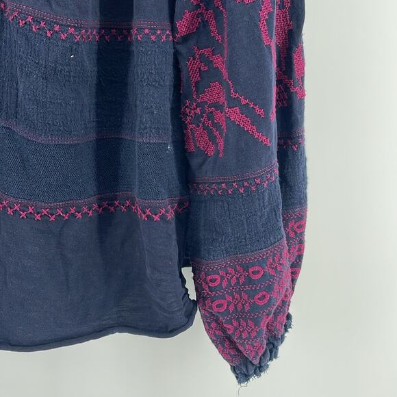 Free People Persuasian cross-stitch V neck blouson sleeve boho peasant blouse - Picture 4 of 7